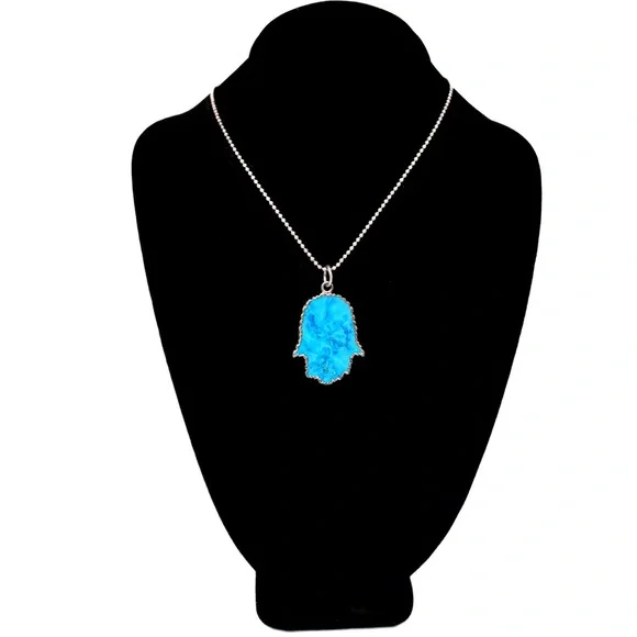 NEW - Handmade NYC Sterling Silver Turquoise Hamsa Hand Necklace 20" Chain - Picture 3 of 3